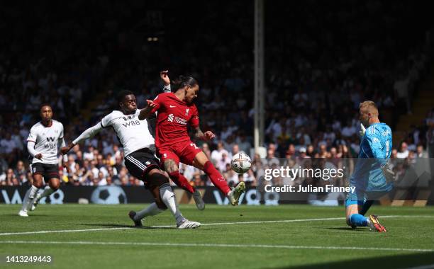 Darwin Nunez of Liverpool scores their side's first goal whilst under pressure from Tosin Adarabioyo of Fulham as Marek Rodak attempts to make a save...