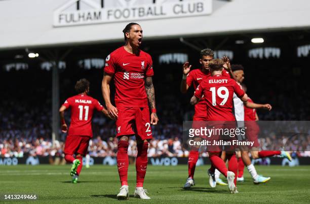 Darwin Nunez of Liverpool celebrates scoring their side's first goal during the Premier League match between Fulham FC and Liverpool FC at Craven...