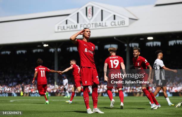 Darwin Nunez of Liverpool celebrates scoring their side's first goal during the Premier League match between Fulham FC and Liverpool FC at Craven...