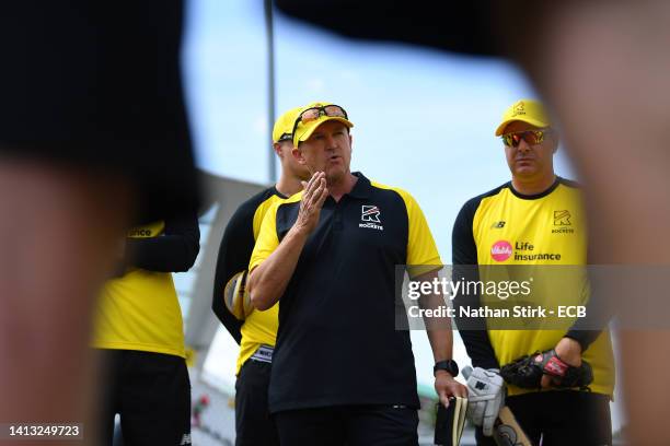 Nottingham Trent Head Coach Andy Flower speaks to his team ahead of The Hundred match between Trent Rockets Men and Birmingham Phoenix Men at Trent...