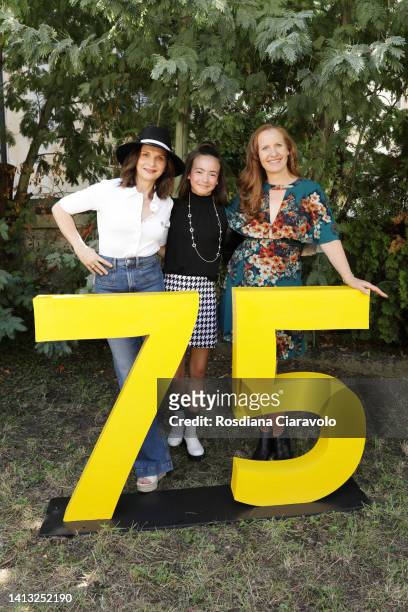 Juliette Binoche, Hala Finley and director Anna Gutto attend the 75th Locarno Film Festival photocall on August 06, 2022 in Locarno, Switzerland.