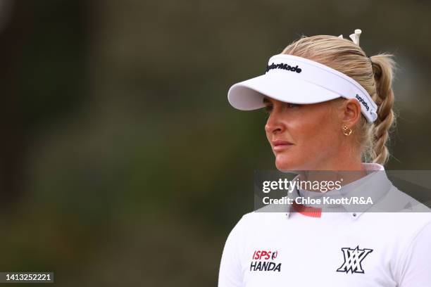 Charley Hull of England looks on across the 3rd hole during Day Three of the AIG Women's Open at Muirfield on August 06, 2022 in Gullane, Scotland.