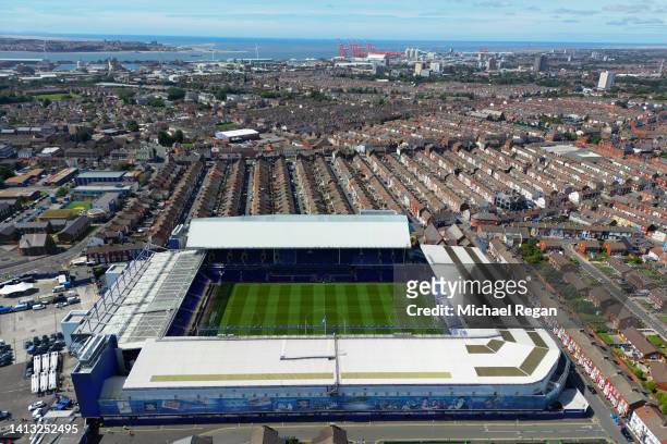 An aerial view of Goodison Park and the surrounding area is seen ahead of the Premier League match between Everton FC and Chelsea FC at Goodison Park...
