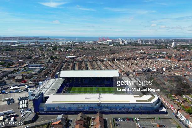An aerial view of Goodison Park and the surrounding area is seen ahead of the Premier League match between Everton FC and Chelsea FC at Goodison Park...