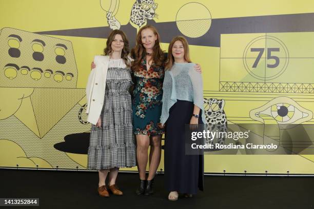 Georgia Bayliff, director Anna Gutto and Claudia Bluemhuber attend the 75th Locarno Film Festival photocall on August 06, 2022 in Locarno,...