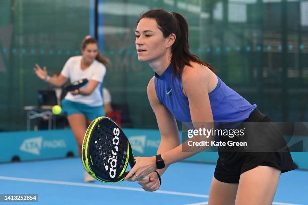 Laura Robson and Sian Bayliss in action during their doubles match against Hannah Lucy Ruddick and Val Lopez during the London Padel Open at National...
