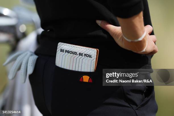 Detail view of the yardage book cover of Mel Reid of England during Day Three of the AIG Women's Open at Muirfield on August 06, 2022 in Gullane,...