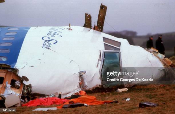 The nose section of Pan Am Flight 103 lies in wreckage December 21, 1988 from an explosion over Lockerbie, Scotland. All 270 passengers and crew...