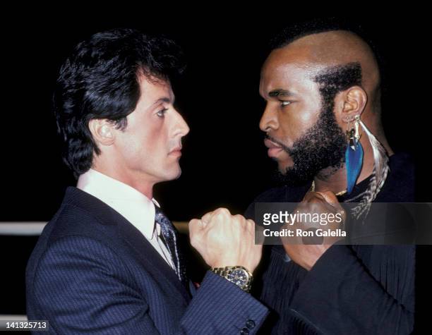 Sylvester Stallone and Mr T at the Press Conference for 'Rocky III', Los Angeles Sports Arena, Los Angeles.