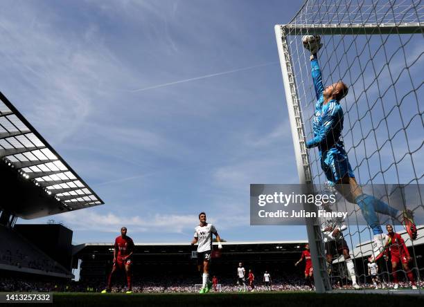 General view as Marek Rodak of Fulham makes a save during the Premier League match between Fulham FC and Liverpool FC at Craven Cottage on August 06,...