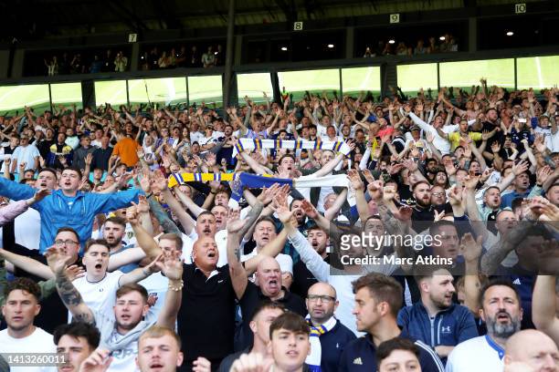 General view of fans of Leeds United as they react prior to kick off of the Premier League match between Leeds United and Wolverhampton Wanderers at...
