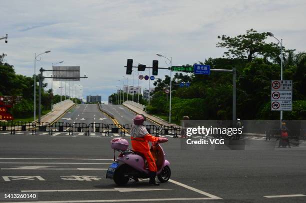 Street is blocked as Sanya imposes city-wide static control to curb new COVID-19 outbreak on August 6, 2022 in Sanya, Hainan Province of China.