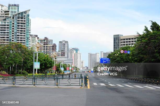 An empty street is seen as Sanya imposes city-wide static control to curb new COVID-19 outbreak on August 6, 2022 in Sanya, Hainan Province of China.