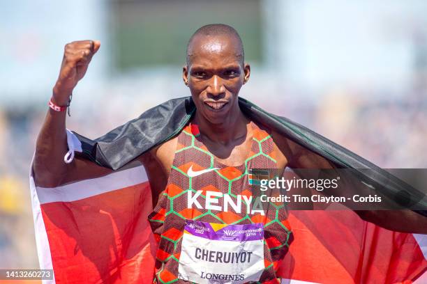 Timothy Cheruiyot of Kenya celebrates his silver medal win in the Men's 1500m Final during the Athletics competition at Alexander Stadium during the...
