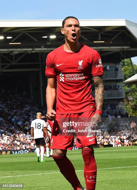 Darwin Nunez of Liverpool celebrates scoring the first Liverpool goal during the Premier League match between Fulham FC and Liverpool FC at Craven...