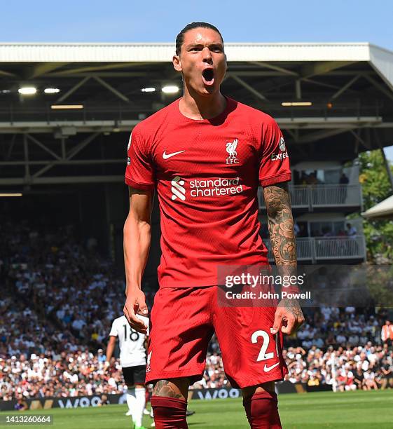 Darwin Nunez of Liverpool celebrates scoring the first Liverpool goal during the Premier League match between Fulham FC and Liverpool FC at Craven...