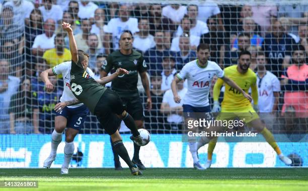 James Ward-Prowse of Southampton scores their side's first goal as Ben Davies and Hugo Lloris of Tottenham Hotspur look on during the Premier League...
