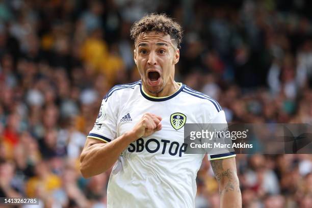 Rodrigo Moreno of Leeds United celebrates after scoring their sides first goal during the Premier League match between Leeds United and Wolverhampton...