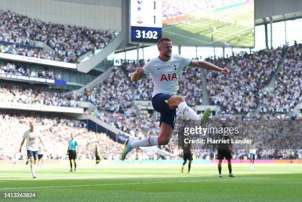 Eric Dier of Tottenham Hotspur celebrates scoring their side's second goal during the Premier League match between Tottenham Hotspur and Southampton...