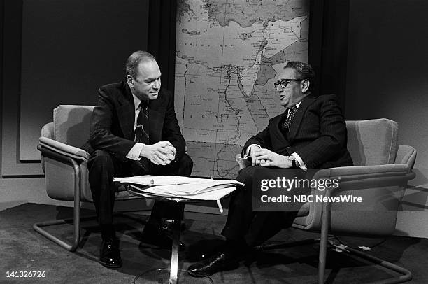 Sadat's Visit to Israel: Henry Kissinger & Edwin Newman Discussion" -- Aired 1977 -- Pictured: NBC News' Edwin Newman, former U.S. Secretary of State...