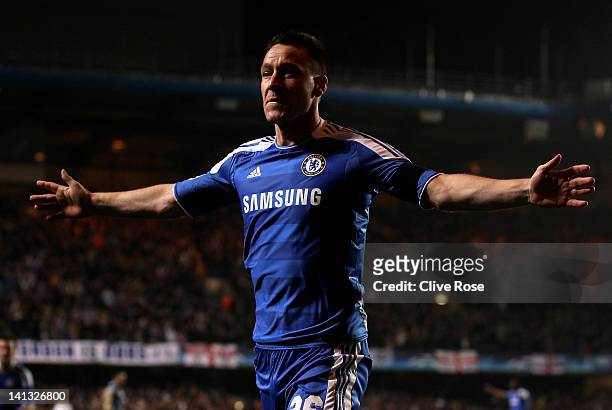 John Terry of Chelsea celebrates after scoring his team's second goal during the UEFA Champions League round of 16 second leg match between Chelsea...
