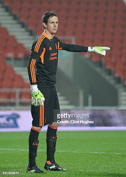 Danny Ward of Liverpool directs his defence during the NextGen Series Semi-Final match between Liverpool U19 and Ajax U19 at Langtree Park on March...