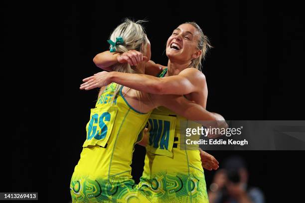 Gretel Bueta and Liz Watson of Team Australia celebrate victory during the Netball Semi-Final match between Team England and Team Australia on day...