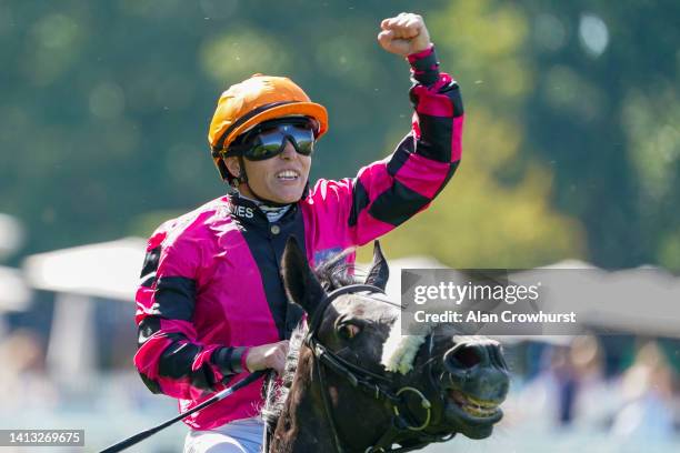 Emma-Jayne Wilson celebrates after riding Jungle Cove to win The Dubai Duty Free Shergar Cup Mile during The Shergar Cup at Ascot Racecourse on...