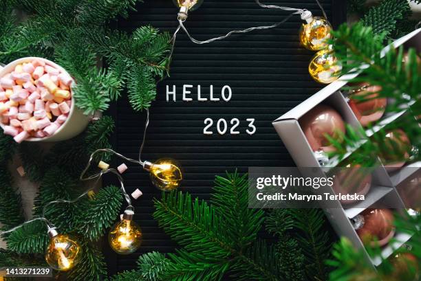 blackboard with the inscription hello 2023 year. christmas. new year. festive background. - cocoa plant stock-fotos und bilder