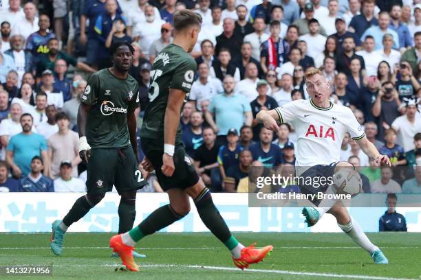 Dejan Kulusevski of Tottenham Hotspur scores their side's fourth goal during the Premier League match between Tottenham Hotspur and Southampton FC at...