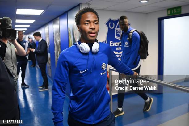 Raheem Sterling of Chelsea arrives prior to kick off of the Premier League match between Everton FC and Chelsea FC at Goodison Park on August 06,...