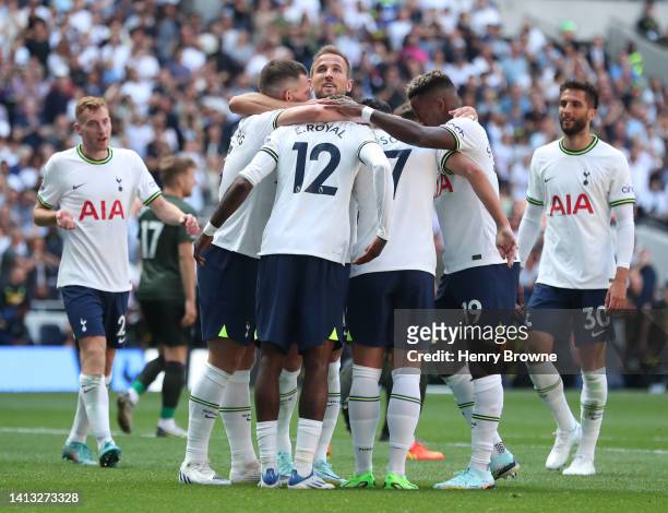 Emerson of Tottenham Hotspur celebrates scoring their side's third goal with teammates during the Premier League match between Tottenham Hotspur and...