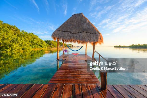 palapa on wooden pier above the water - beach shack foto e immagini stock