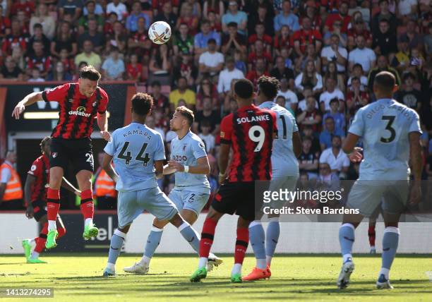 Kieffer Moore of AFC Bournemouth scores their side's second goal during the Premier League match between AFC Bournemouth and Aston Villa at Vitality...