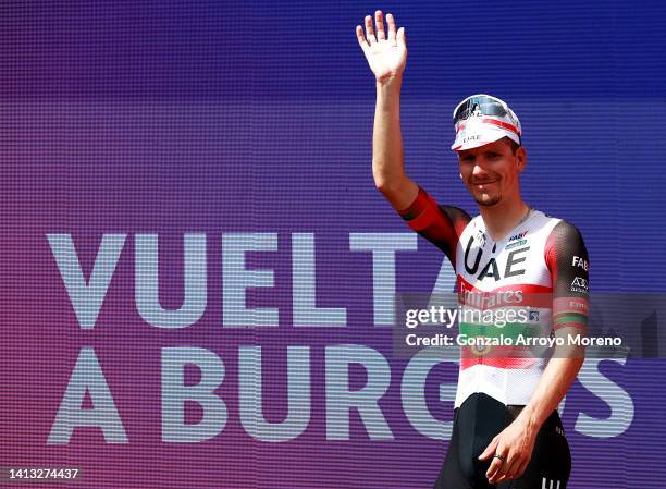 Joao Almeida of Portugal and UAE Team Emirates celebrates winning the stage on the podium ceremony after the 44th Vuelta a Burgos 2022, Stage 5 a...