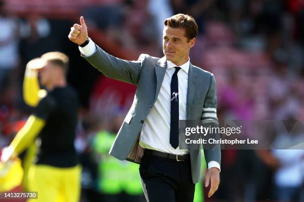 Scott Parker, Manager of AFC Bournemouth acknowledges the fans following the Premier League match between AFC Bournemouth and Aston Villa at Vitality...