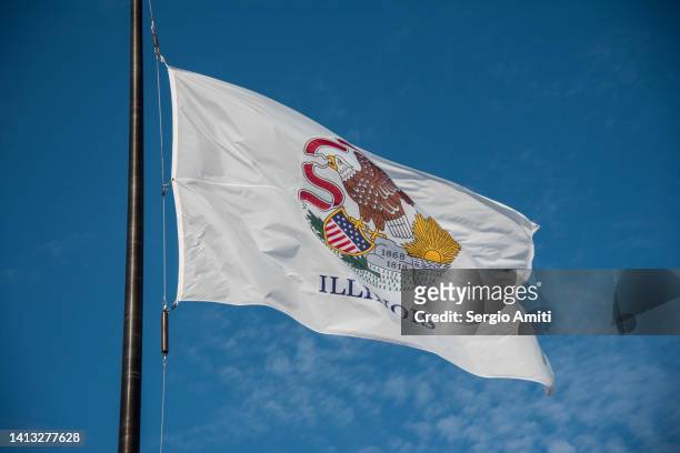 illinois flag at chicago navy pier - illinois stock pictures, royalty-free photos & images