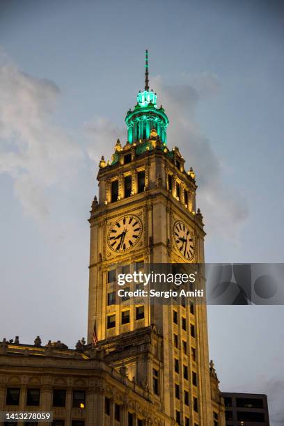 the wrigley building at dusk - wrigley building stock pictures, royalty-free photos & images