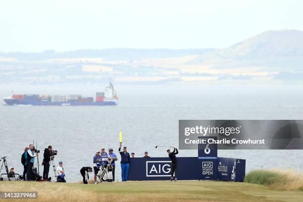 Madelene Sagstrom of Sweden plays her tee shot from the 6th hole during Day Three of the AIG Women's Open at Muirfield on August 06, 2022 in Gullane,...