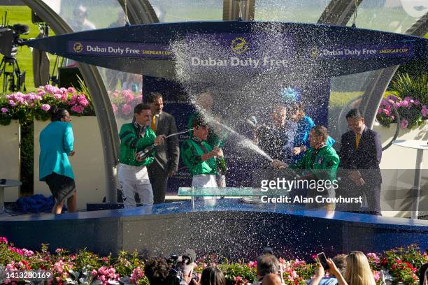 Team GB&Ireland celebrate winning The Shergar Cup during The Shergar Cup at Ascot Racecourse on August 06, 2022 in Ascot, England.