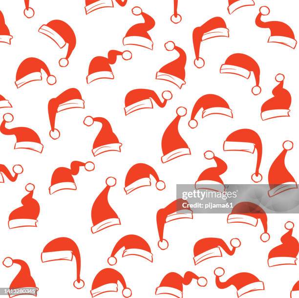 ilustraciones, imágenes clip art, dibujos animados e iconos de stock de patrón sin costuras con sombreros dibujados a mano de santa claus - gorro papa noel