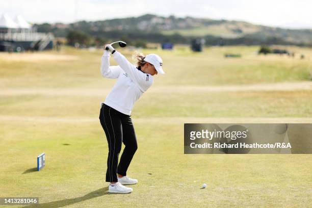 Steph Kyriacou of Australia tees off on the twelfth hole during Day Three of the AIG Women's Open at Muirfield on August 06, 2022 in Gullane,...