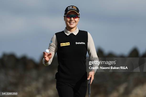 In Gee Chun of South Korea acknowledges the crowd during Day Three of the AIG Women's Open at Muirfield on August 06, 2022 in Gullane, Scotland.