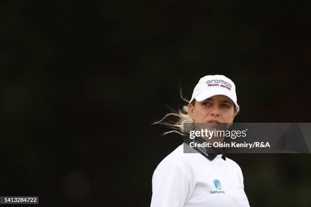 Steph Kyriacou of Australia looks on from the ninth hole during Day Three of the AIG Women's Open at Muirfield on August 06, 2022 in Gullane,...