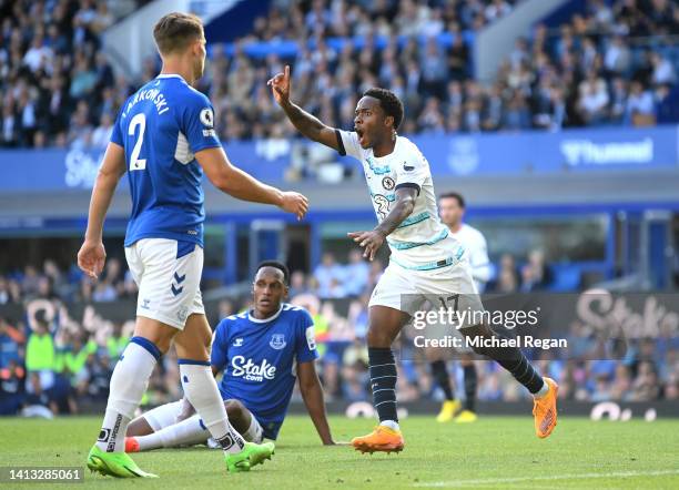 Raheem Sterling of Chelsea appeals to the linesman whilst celebrating their goal, which is later ruled offside, during the Premier League match...