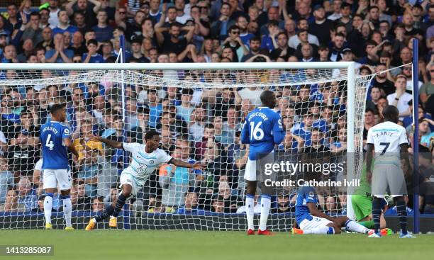 Raheem Sterling of Chelsea celebrates their goal, which is later ruled offside, during the Premier League match between Everton FC and Chelsea FC at...