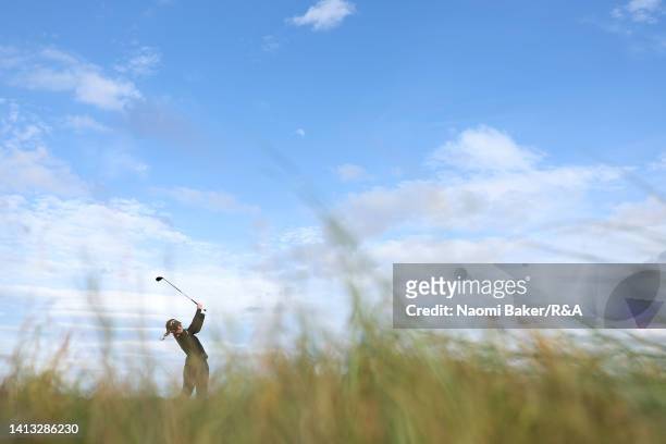 Madelene Sagstrom of Sweden plays a shot on the twelfth hole during Day Three of the AIG Women's Open at Muirfield on August 06, 2022 in Gullane,...