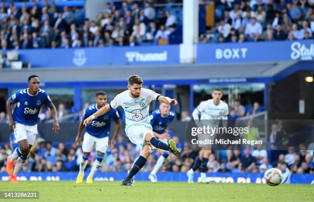 Jorginho of Chelsea scores their side's first goal from a penalty, after Ben Chilwell of Chelsea is brought down inside the box by Abdoulaye Doucoure...