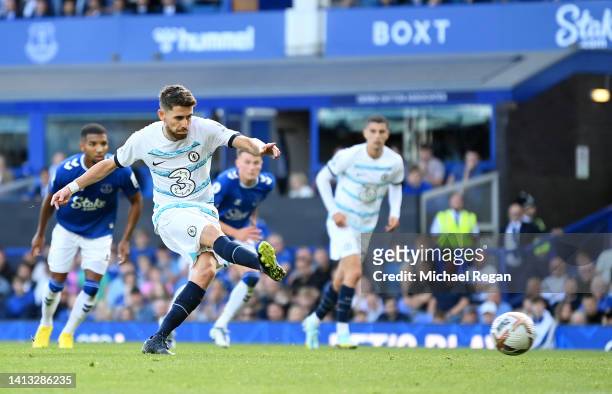 Jorginho of Chelsea scores their side's first goal from a penalty, after Ben Chilwell of Chelsea is brought down inside the box by Abdoulaye Doucoure...