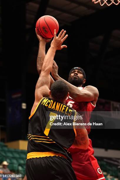 Earl Clark of the Trilogy shoots against KJ McDaniels of the Killer 3's during BIG3 Week Eight at Comerica Center on August 06, 2022 in Frisco, Texas.